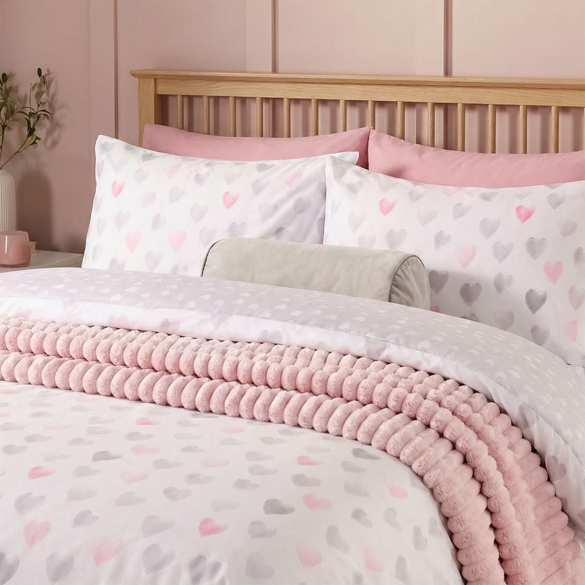 OHS Heart Print Reversible Watercolour Duvet Cover Set, Pink/Grey - King>