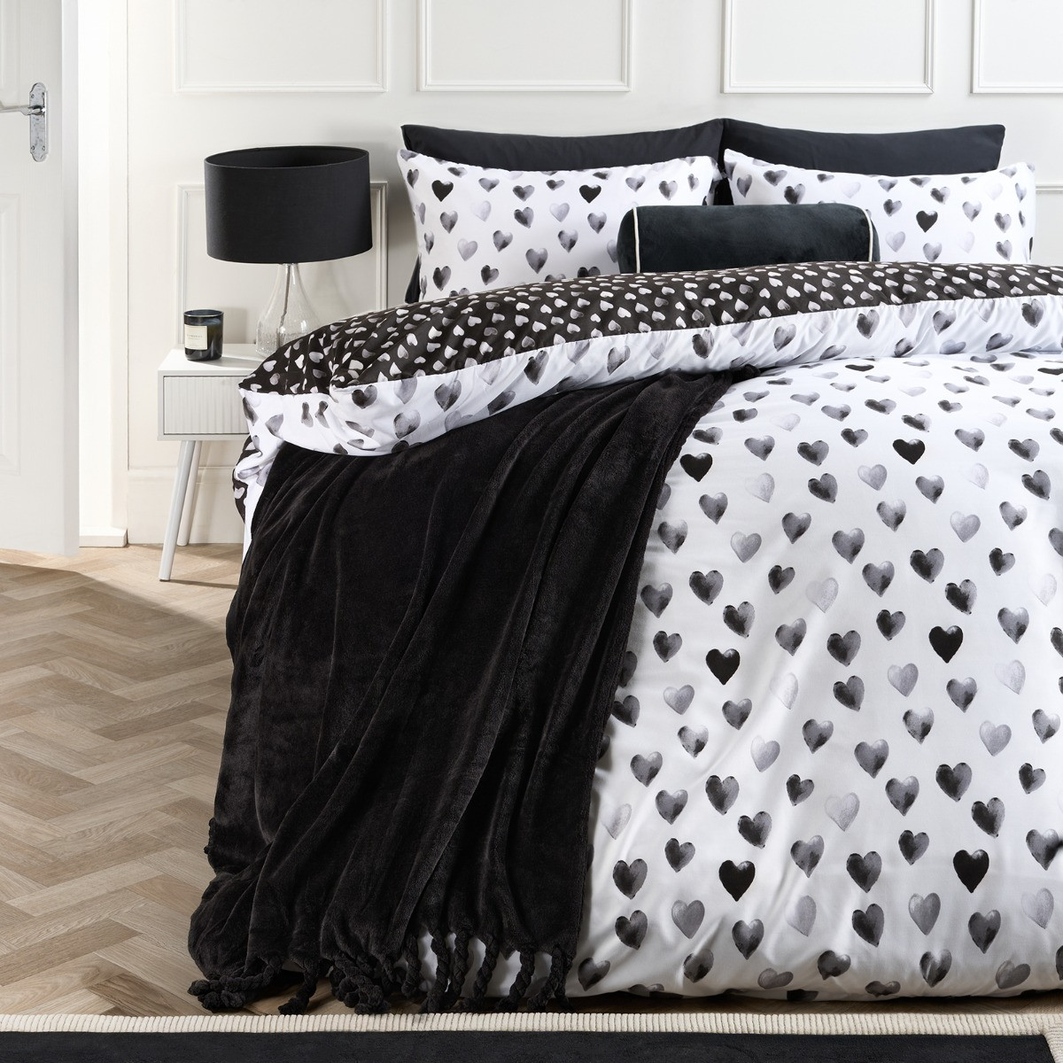 OHS Heart Print Reversible Watercolour Duvet Cover Set - Monochrome>