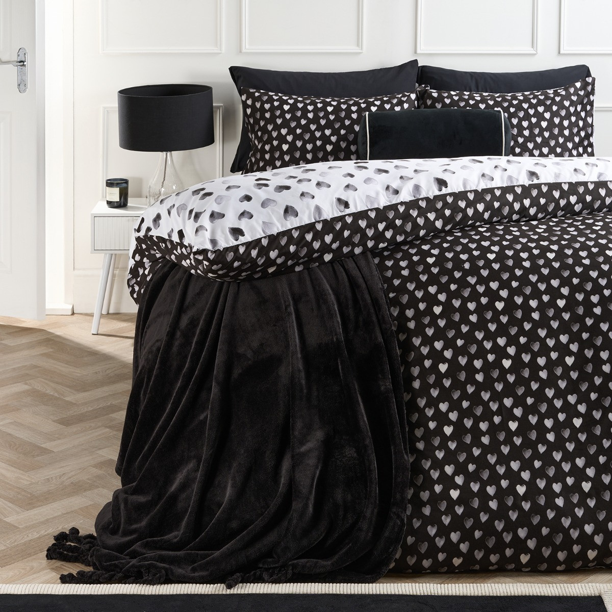 OHS Heart Print Reversible Watercolour Duvet Cover Set - Monochrome>