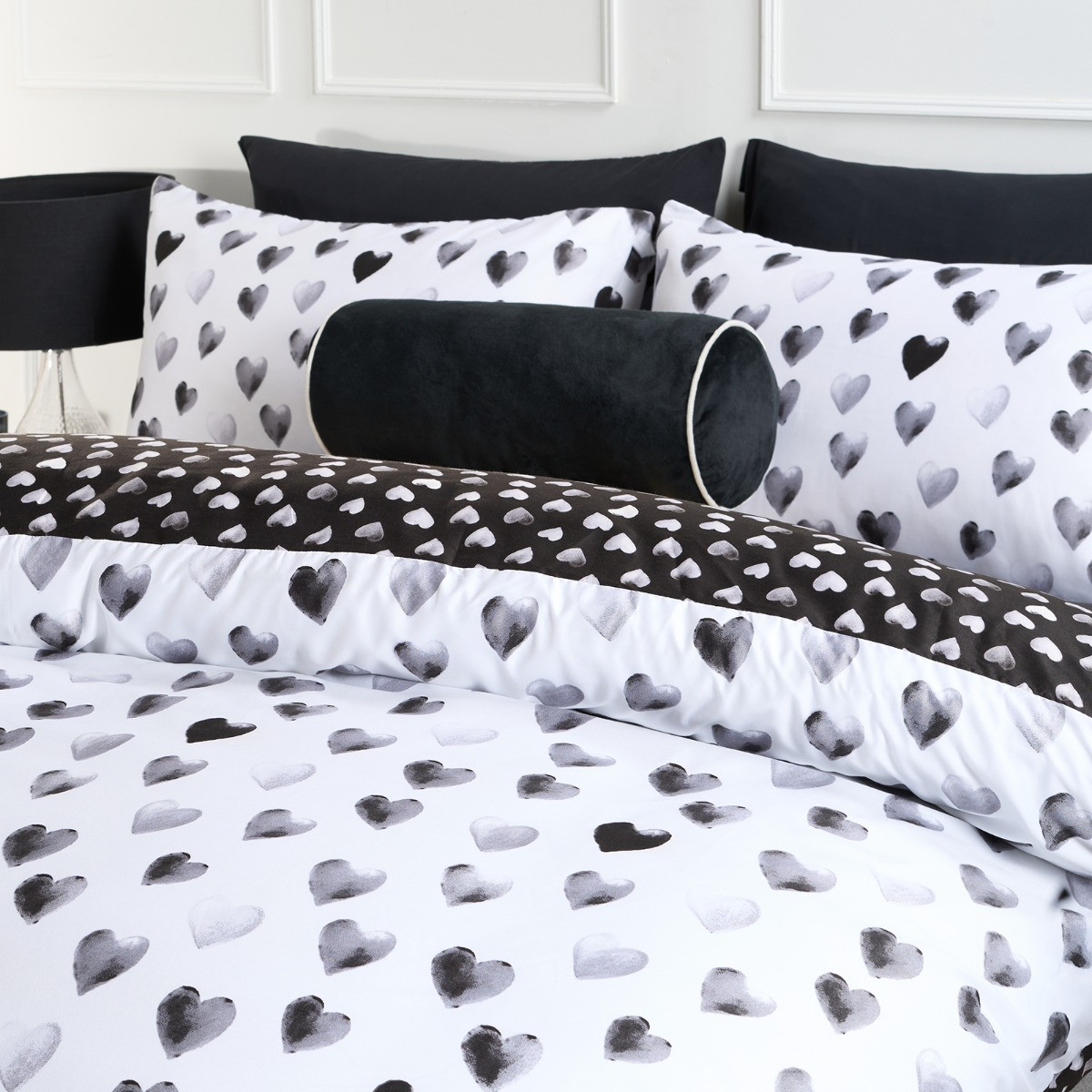 OHS Heart Print Reversible Watercolour Duvet Cover Set - Monochrome>
