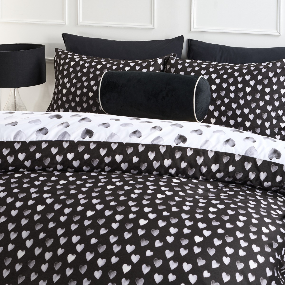 OHS Heart Print Reversible Watercolour Duvet Cover Set - Monochrome>