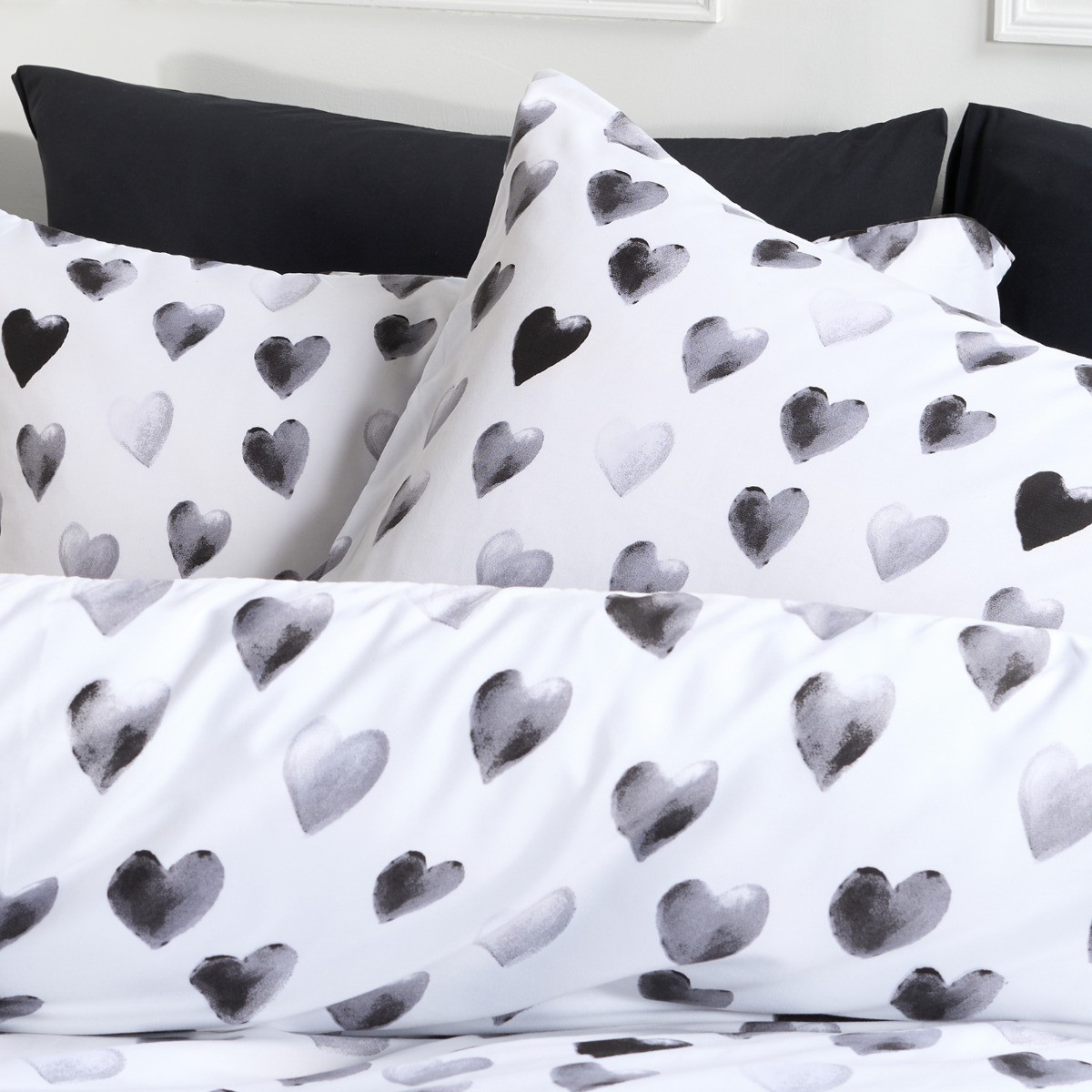 OHS Heart Print Reversible Watercolour Duvet Cover Set - Monochrome>