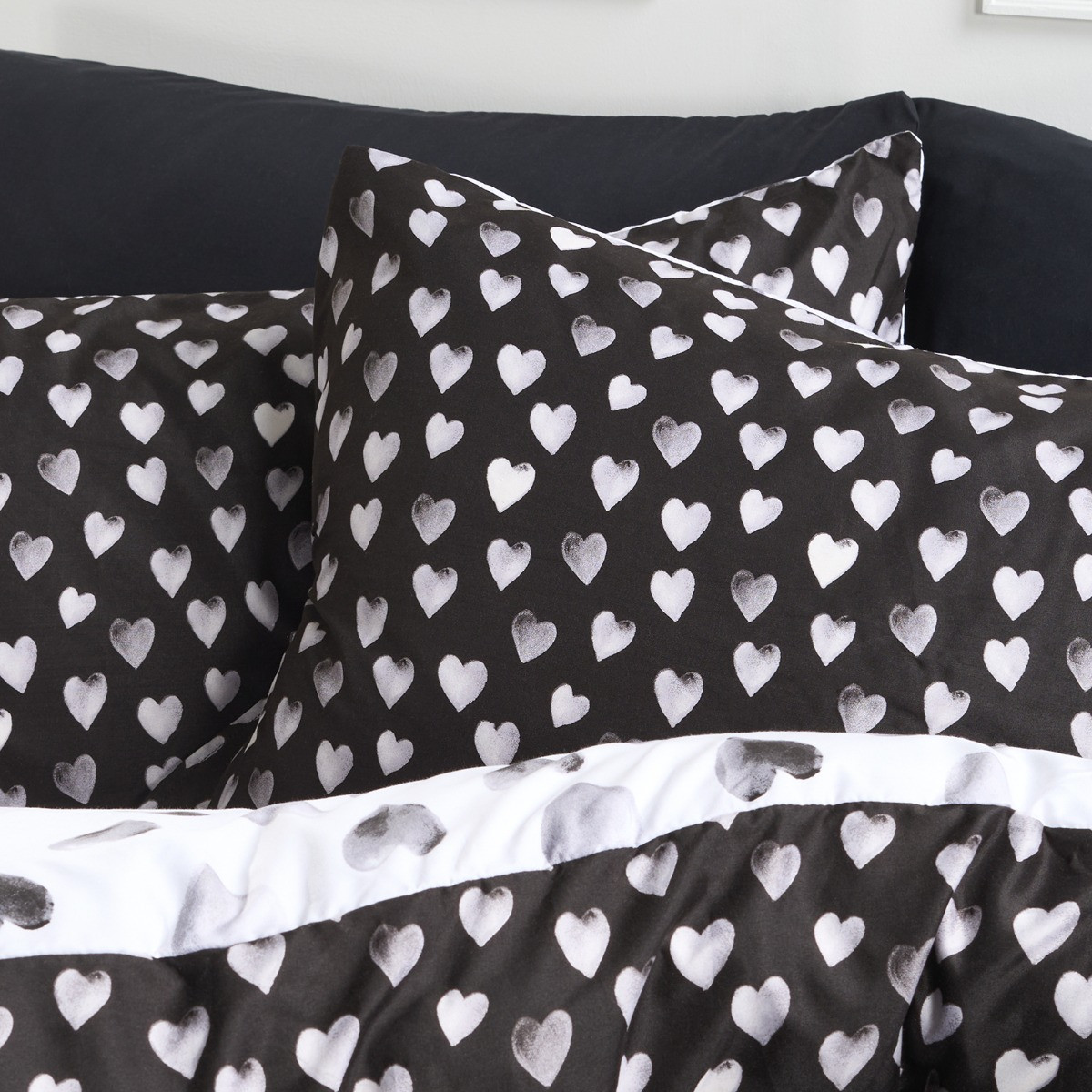 OHS Heart Print Reversible Watercolour Duvet Cover Set - Monochrome>