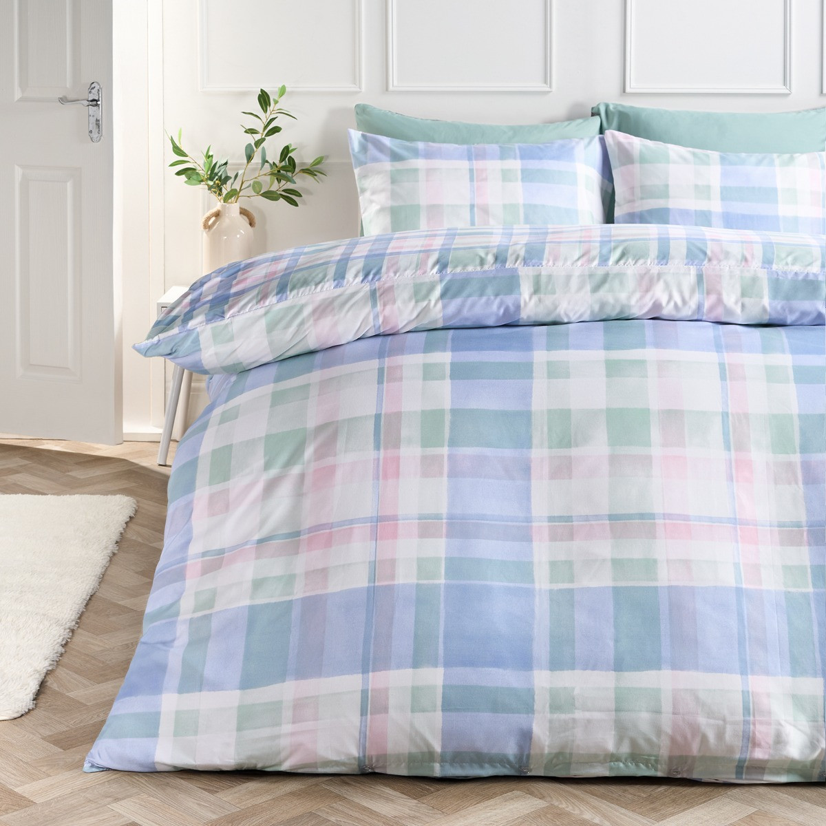 OHS Watercolour Check Print Duvet Set, Blue - Double>