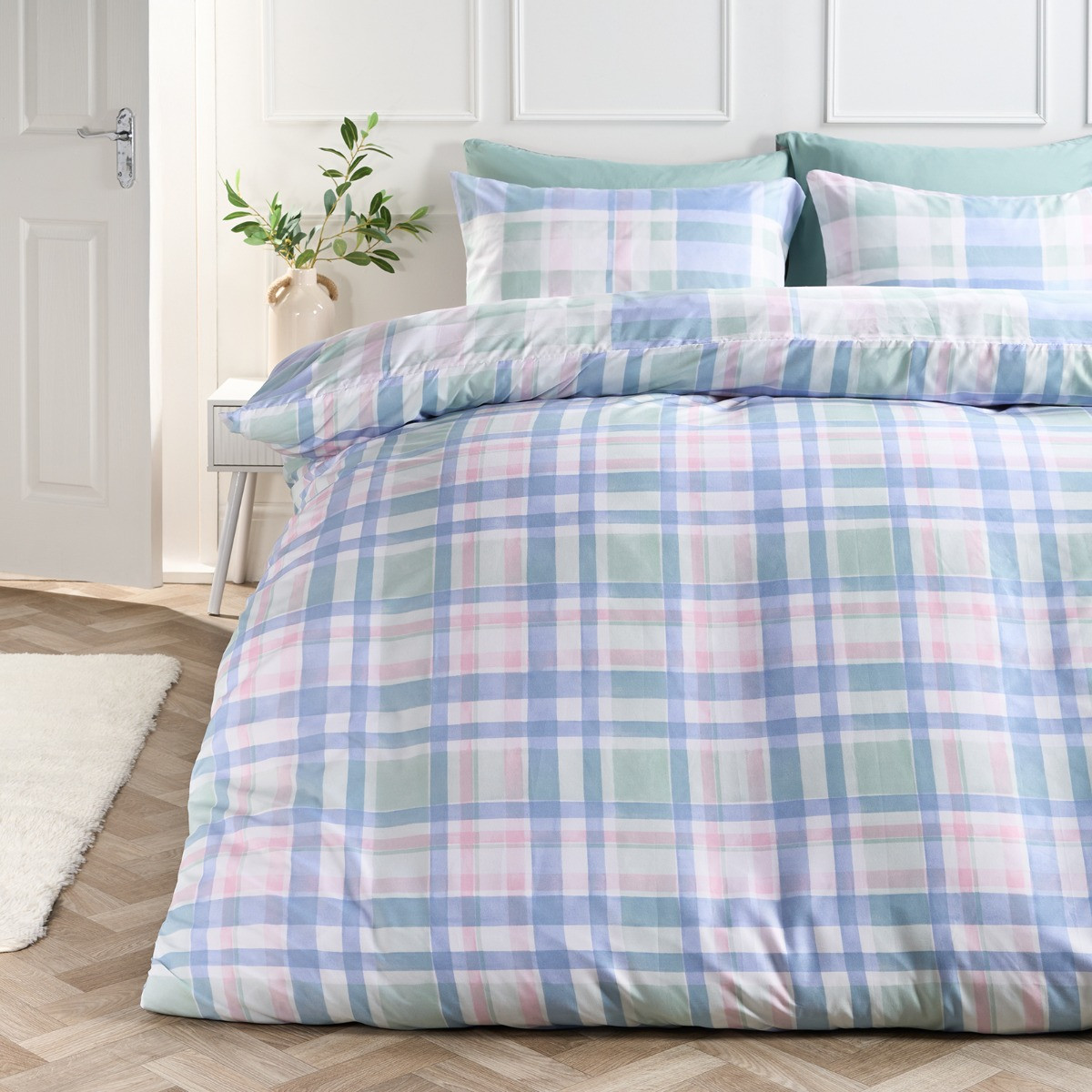 OHS Watercolour Check Print Duvet Set, Blue - Double>