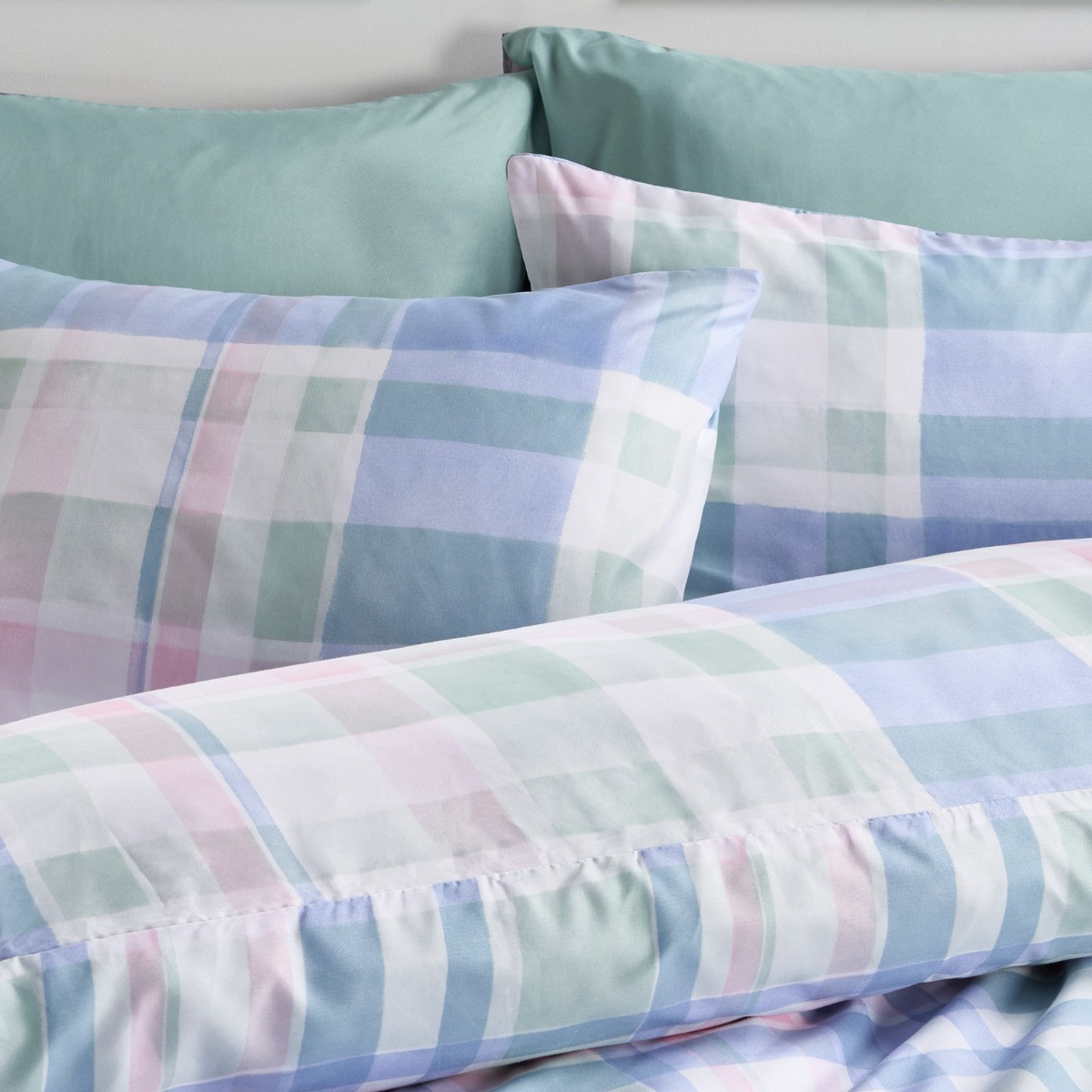 OHS Watercolour Check Print Duvet Set, Blue - Double>