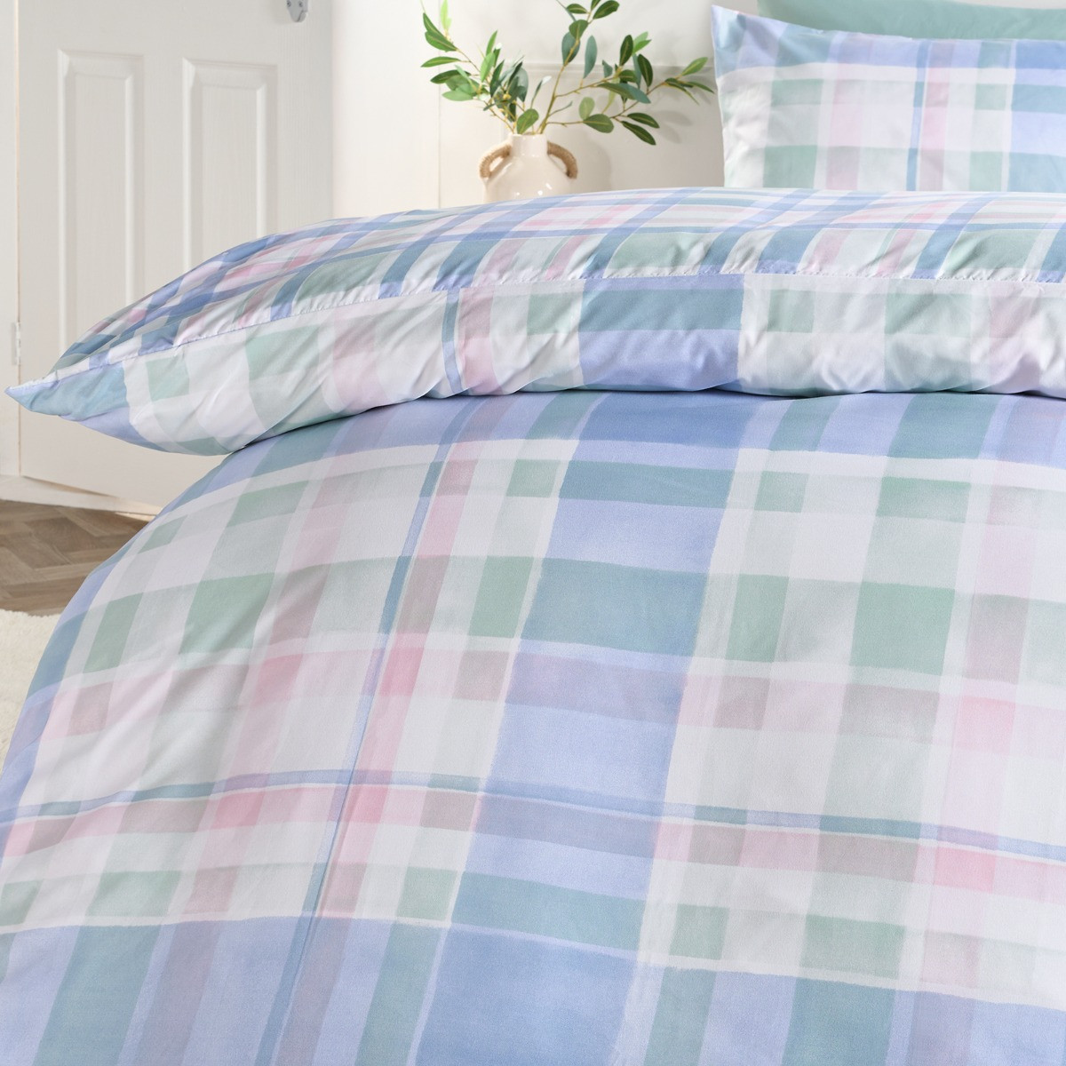 OHS Watercolour Check Print Duvet Set, Blue - Double>