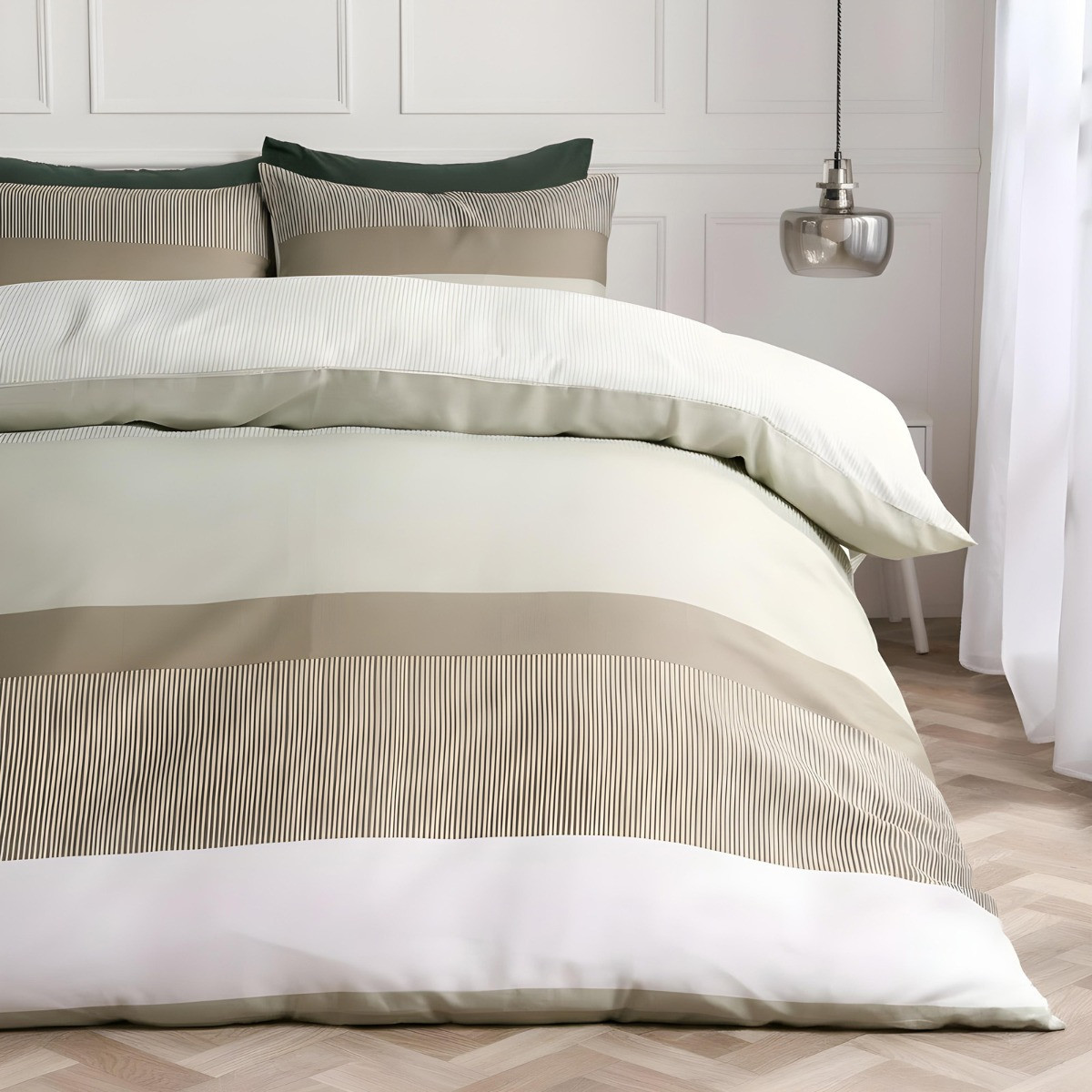 OHS Multi Stripe Duvet Set, Sage - Double>