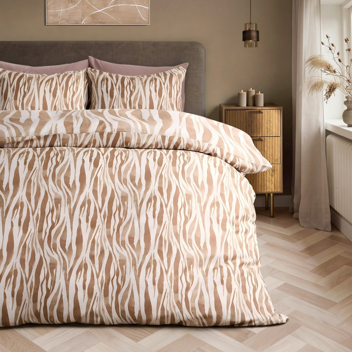 OHS Watercolour Zebra Print Duvet Set, Beige - Double>