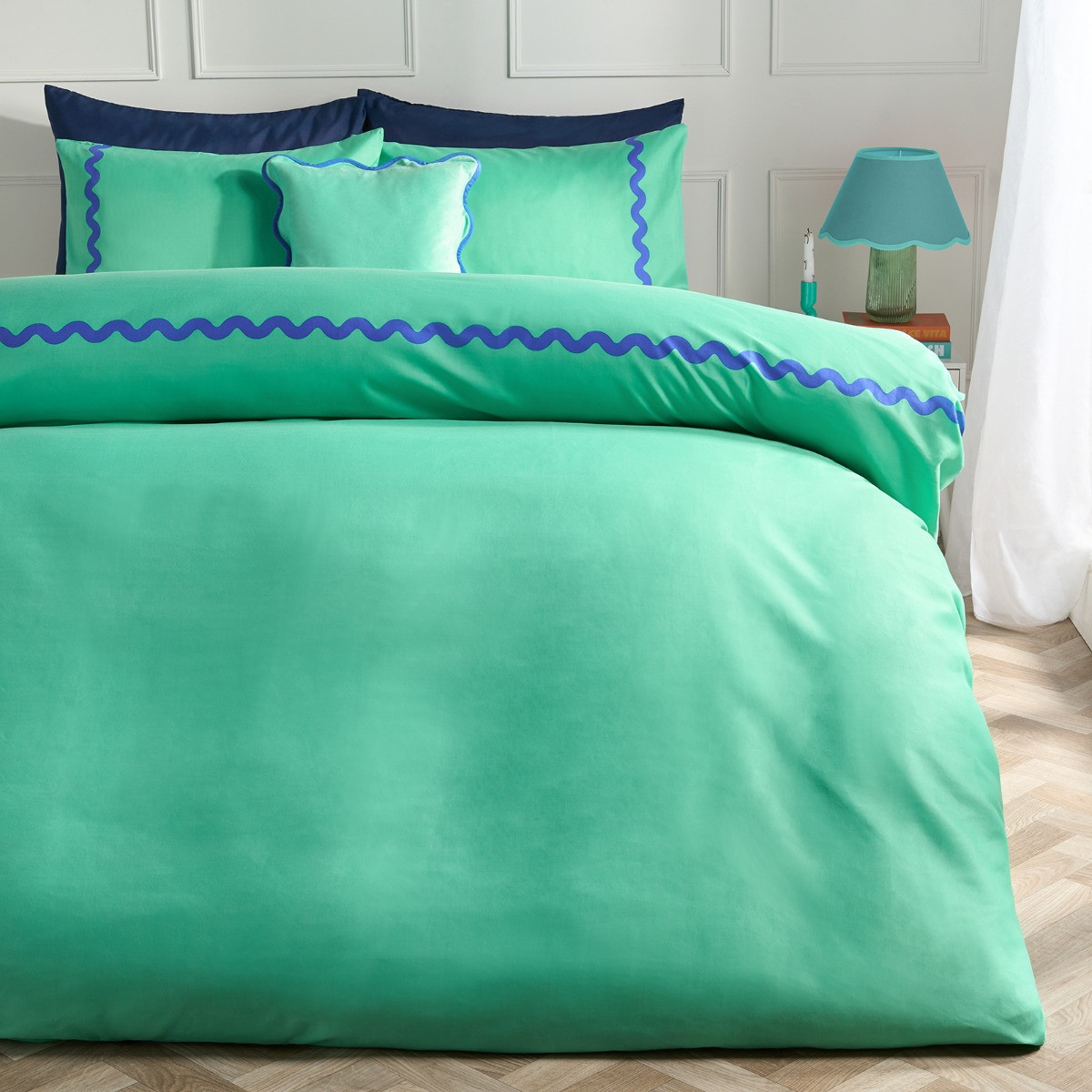 OHS Wave Edge Duvet Set, Green/Blue - Single>