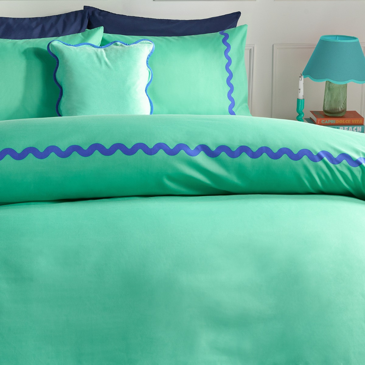 OHS Wave Edge Duvet Set, Green/Blue - King>