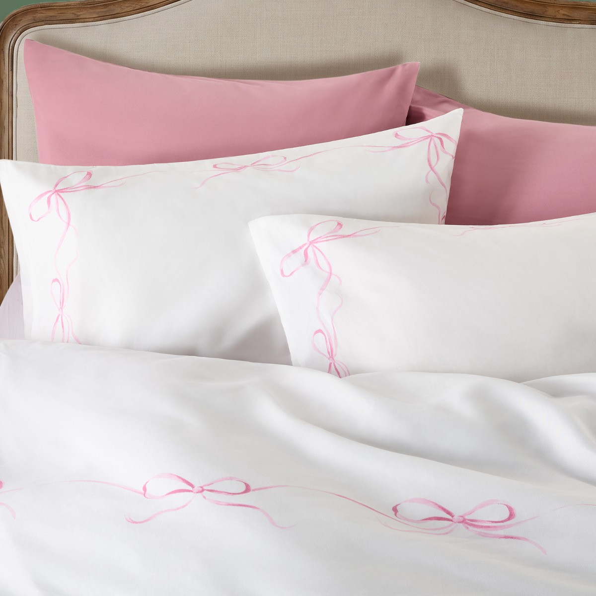 OHS Bow Border Duvet Cover Set, White/Pink - King>