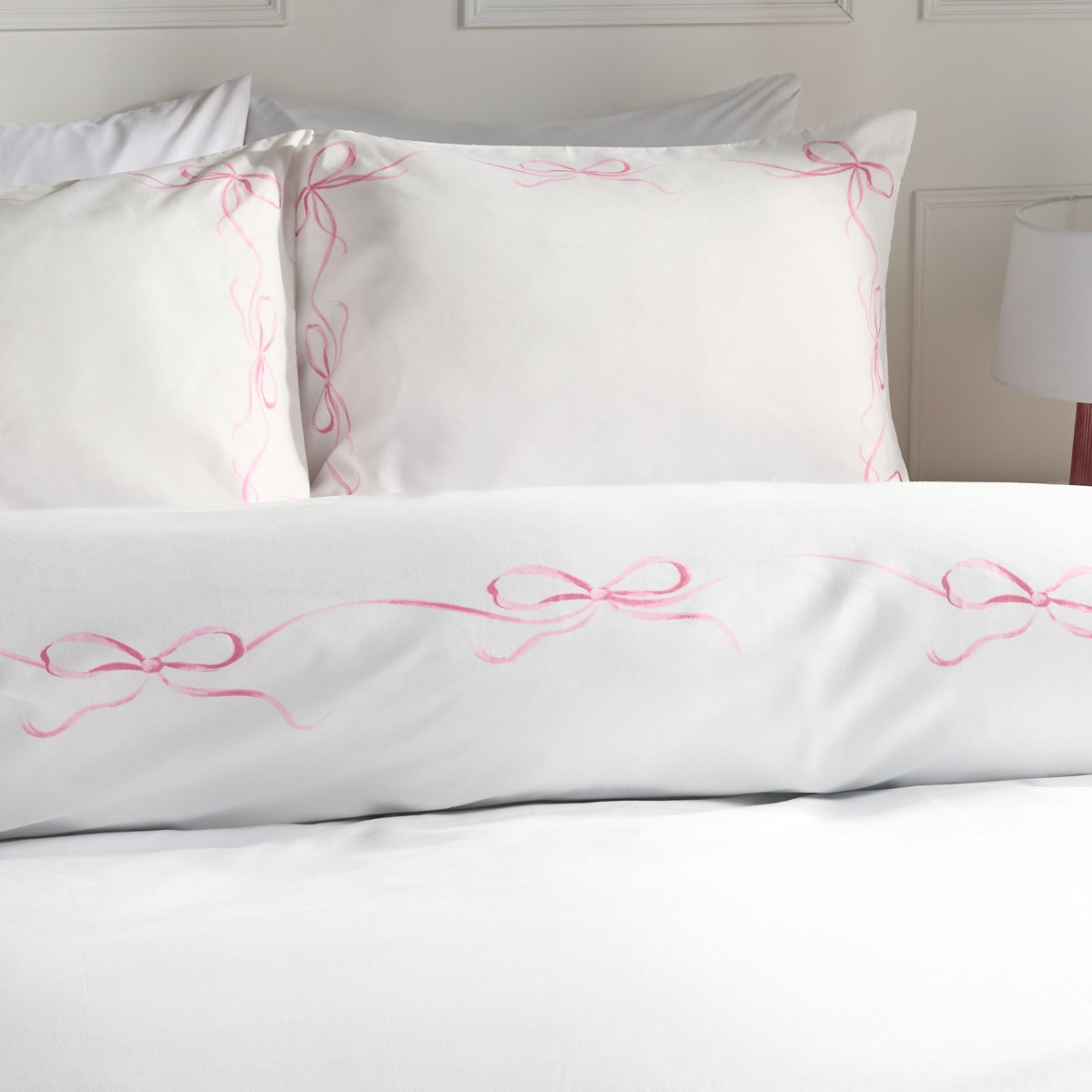 OHS Bow Border Duvet Cover Set, White/Pink - King>