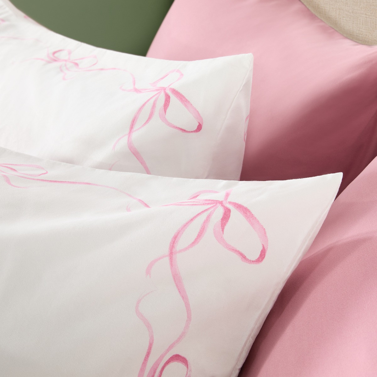 OHS Bow Border Duvet Cover Set, White/Pink - King>