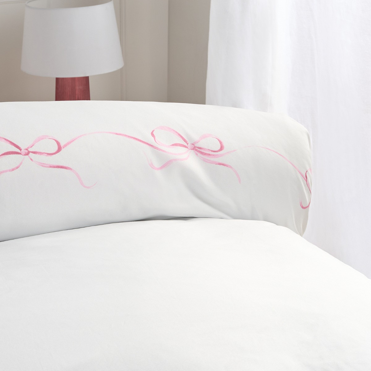 OHS Bow Border Duvet Cover Set, White/Pink - Single>