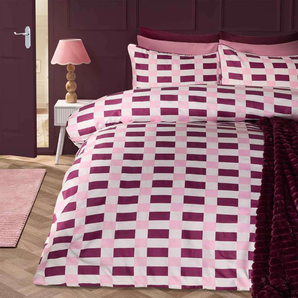 OHS Geometric Print Piped Edge Duvet Cover Set, Burgundy/Pink - Double>