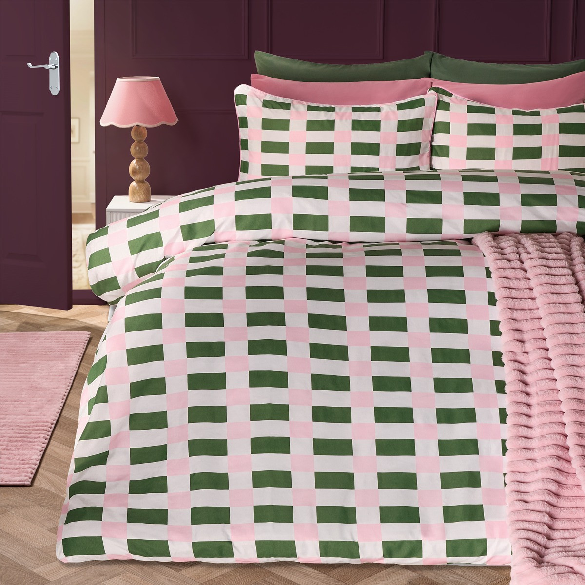 OHS Geometric Print Piped Edge Duvet Cover Set, Green/Pink - Double>