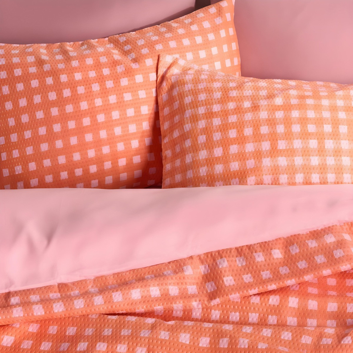 OHS Gingham Embossed Duvet Set, Coral - Double>