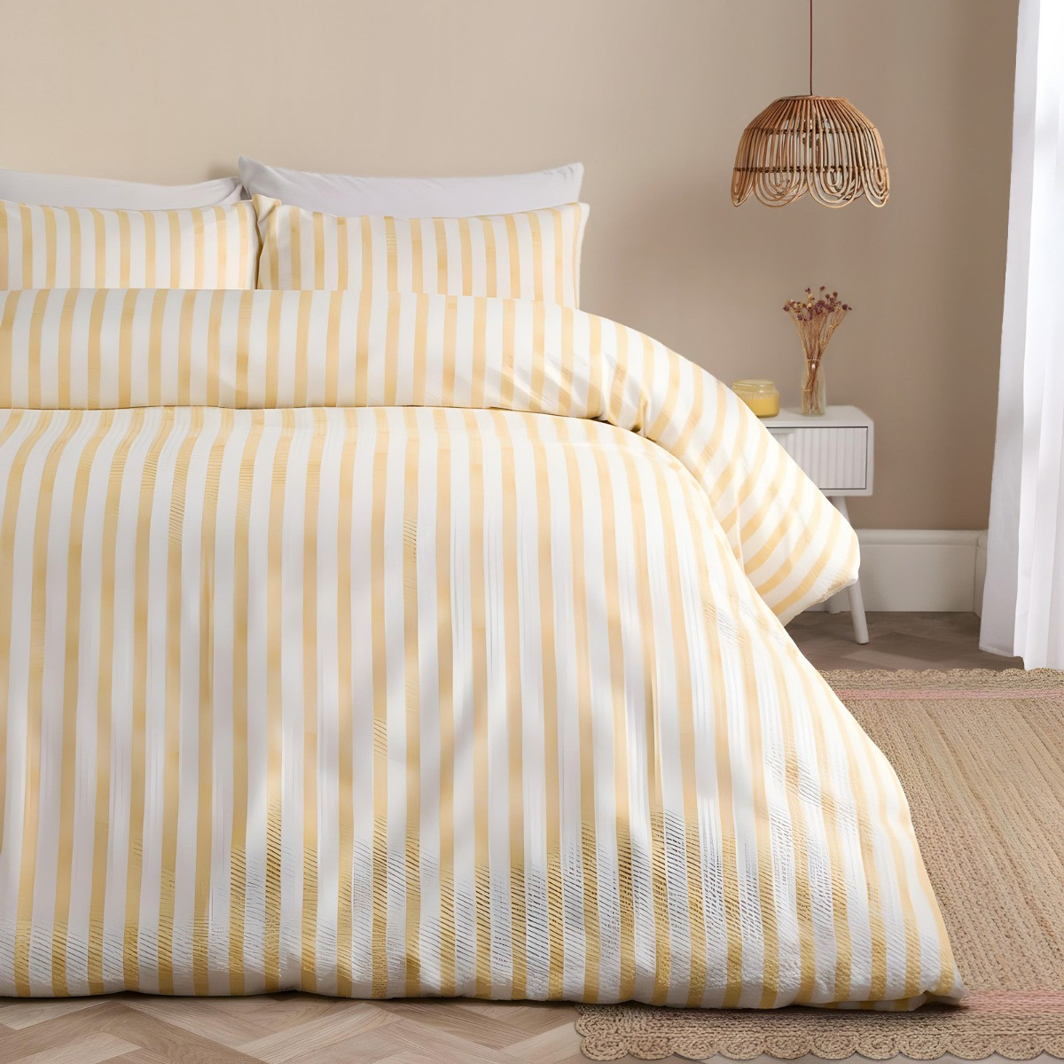 OHS Waffle Watercolour Stripe Duvet Set, Lemon - King>