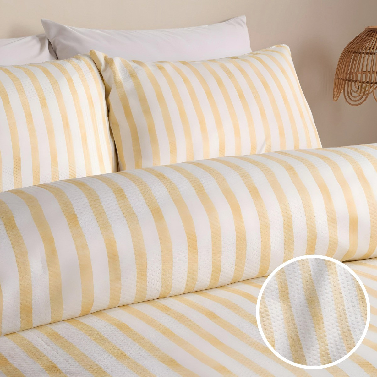 OHS Waffle Watercolour Stripe Duvet Set, Lemon - King>