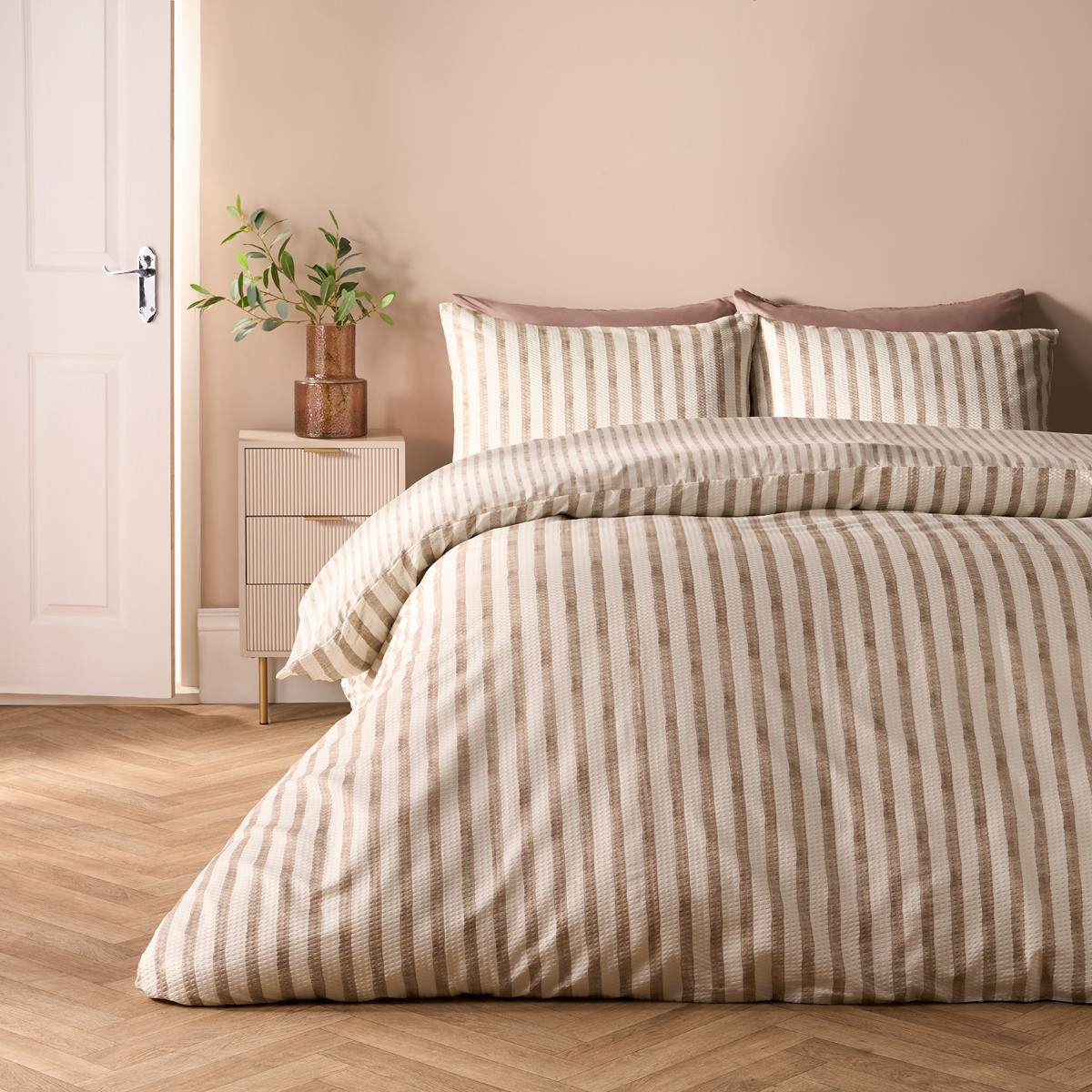 OHS Waffle Watercolour Stripe Duvet Set, Stone  - Double>