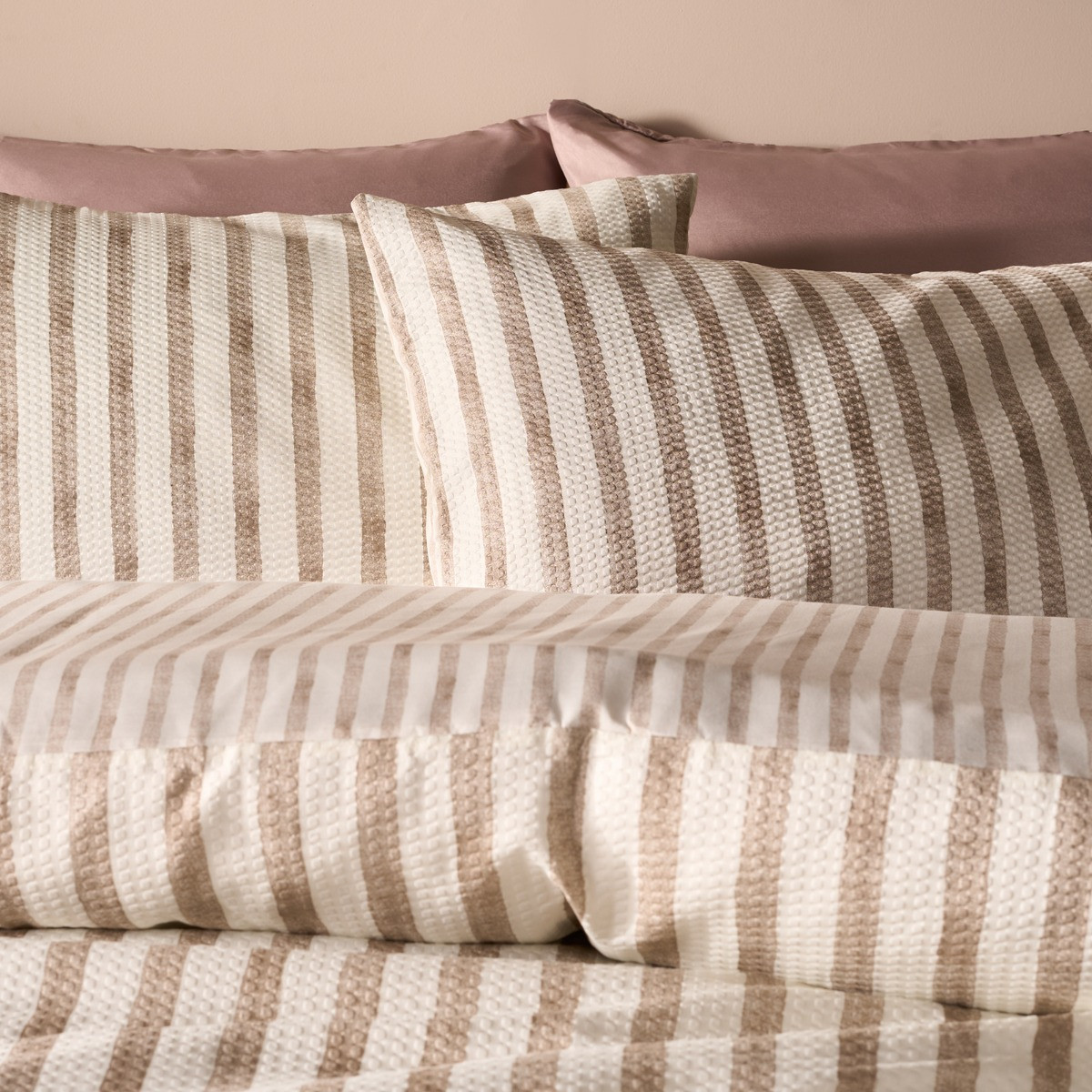 OHS Waffle Watercolour Stripe Duvet Set, Stone  - Double>