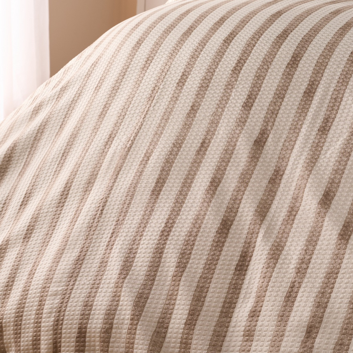OHS Waffle Watercolour Stripe Duvet Set, Stone  - Double>