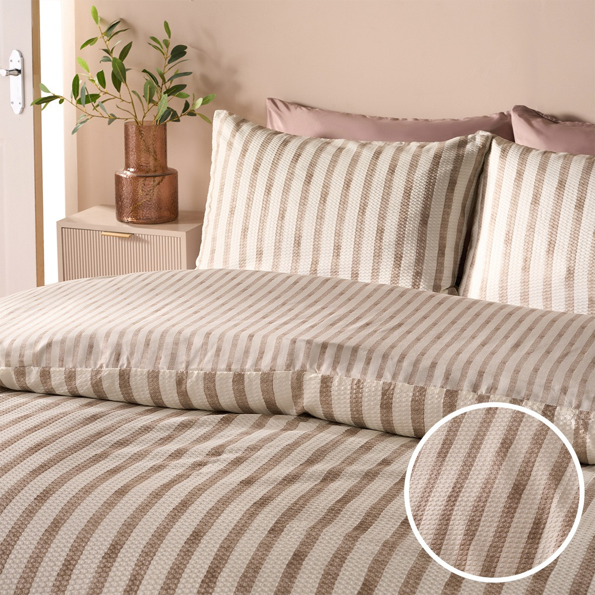 OHS Waffle Watercolour Stripe Duvet Set, Stone  - King>