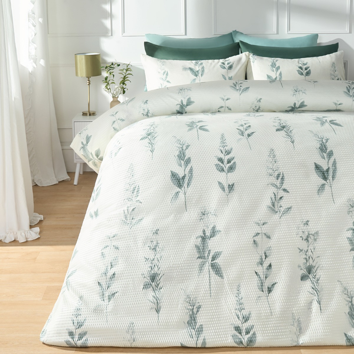 OHS Waffle Botanics Print Duvet Set, Green  - Superking>