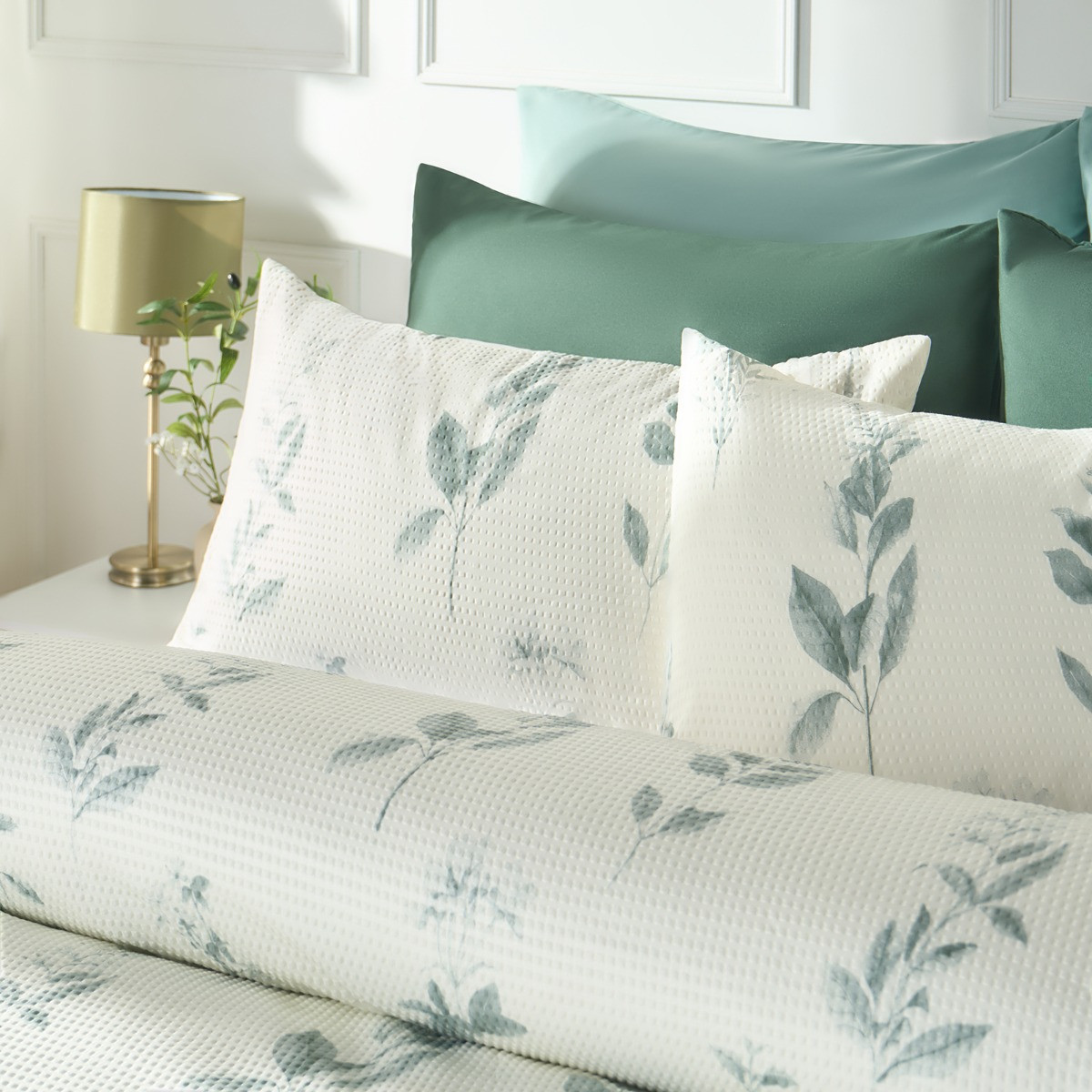OHS Waffle Botanics Print Duvet Set, Green  - Superking>