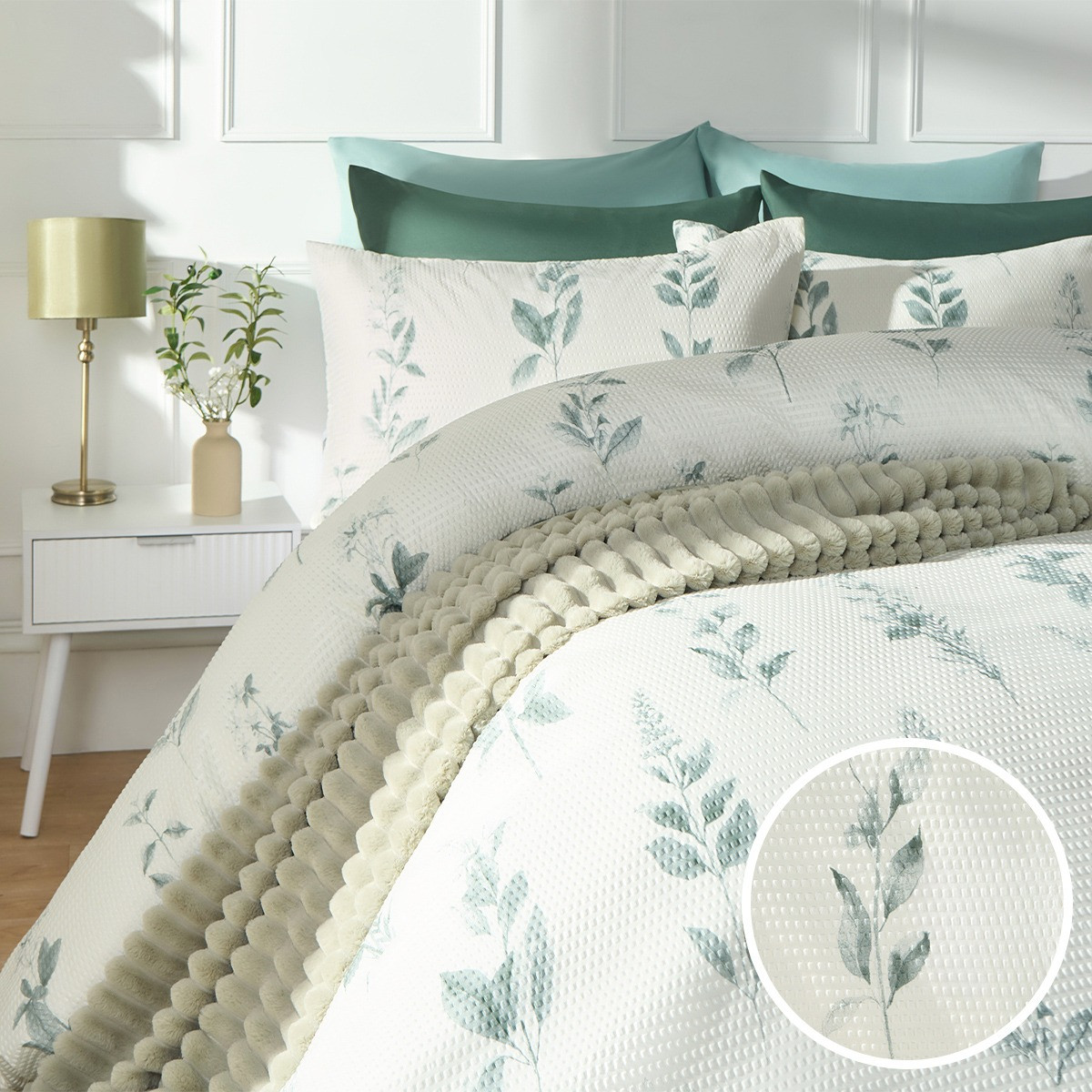 OHS Waffle Botanics Print Duvet Set, Green  - Superking>