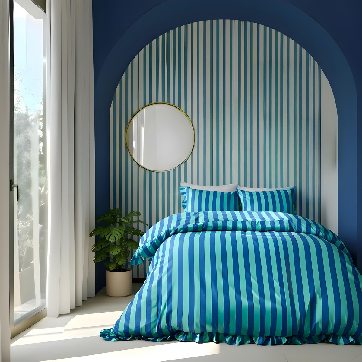 OHS Stripe Print Frill Edge Duvet Cover Set, Blue/Green - Double>