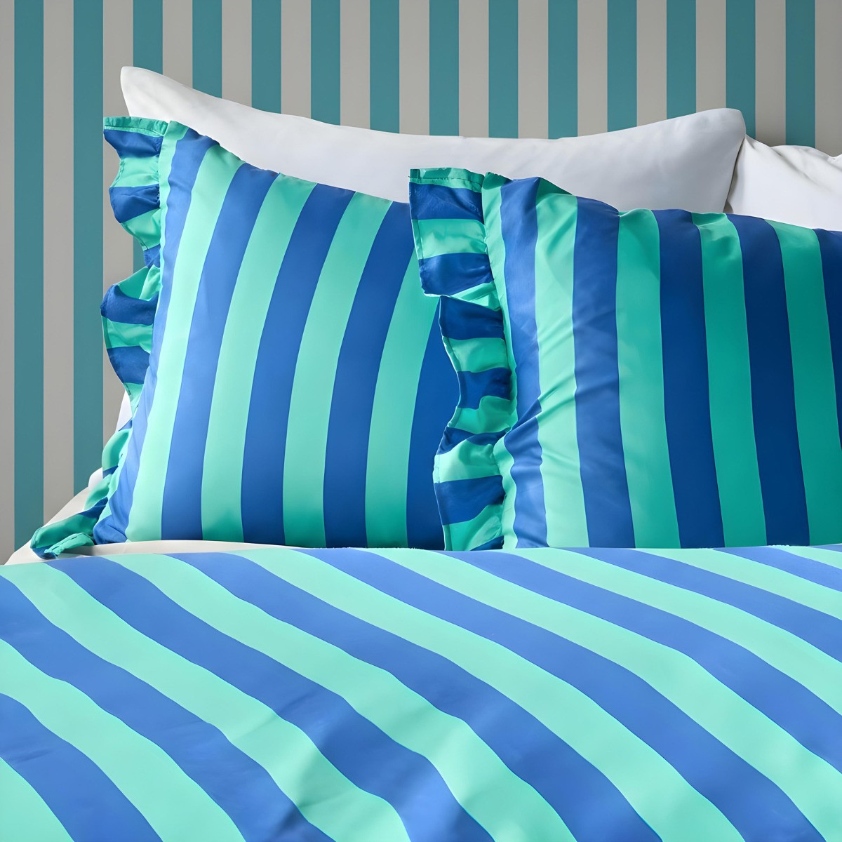 OHS Stripe Print Frill Edge Duvet Cover Set, Blue/Green - Double>