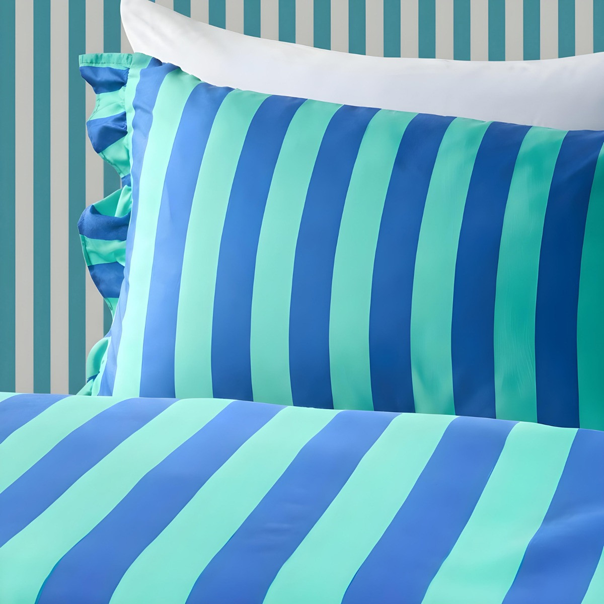 OHS Stripe Print Frill Edge Duvet Cover Set, Blue/Green - Double>