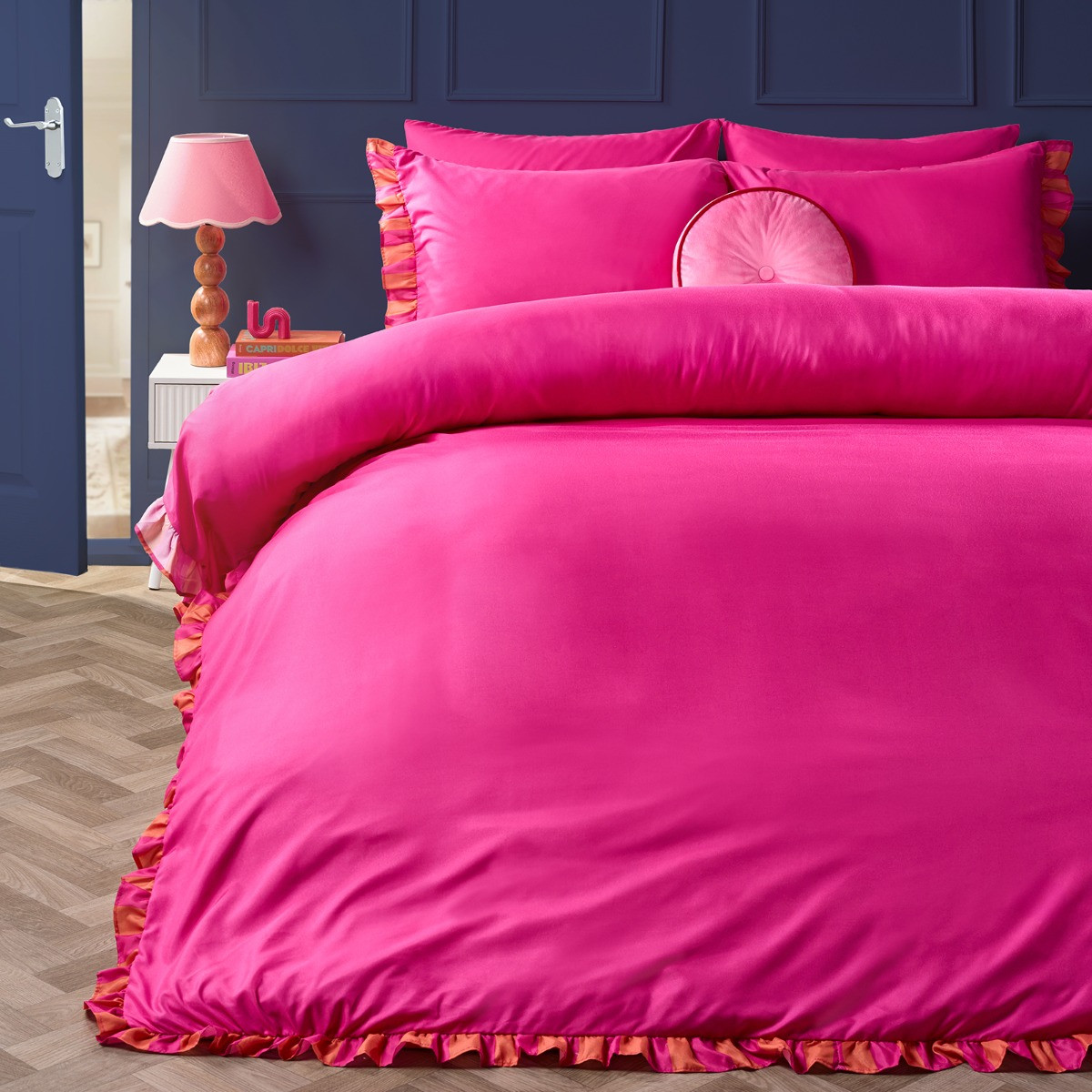 OHS Frill Edge Duvet Set, Hot Pink/Orange  - Single>