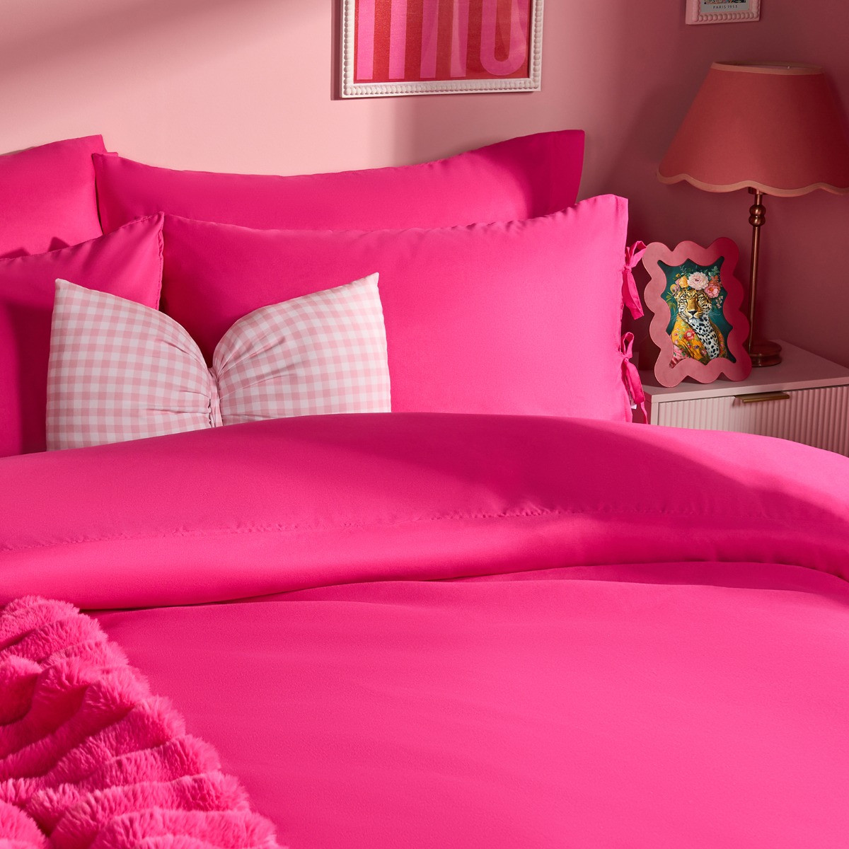 OHS Bow Tie Plain Dye Duvet Set, Hot Pink - Single>