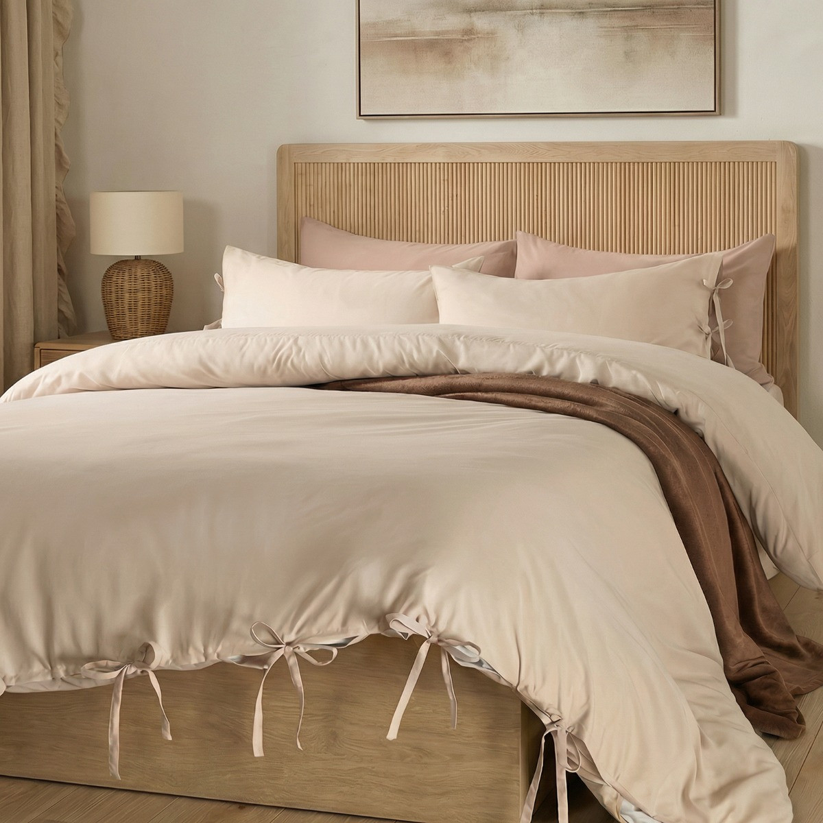 OHS Bow Tie Plain Dye Duvet Set, Natural - Single>