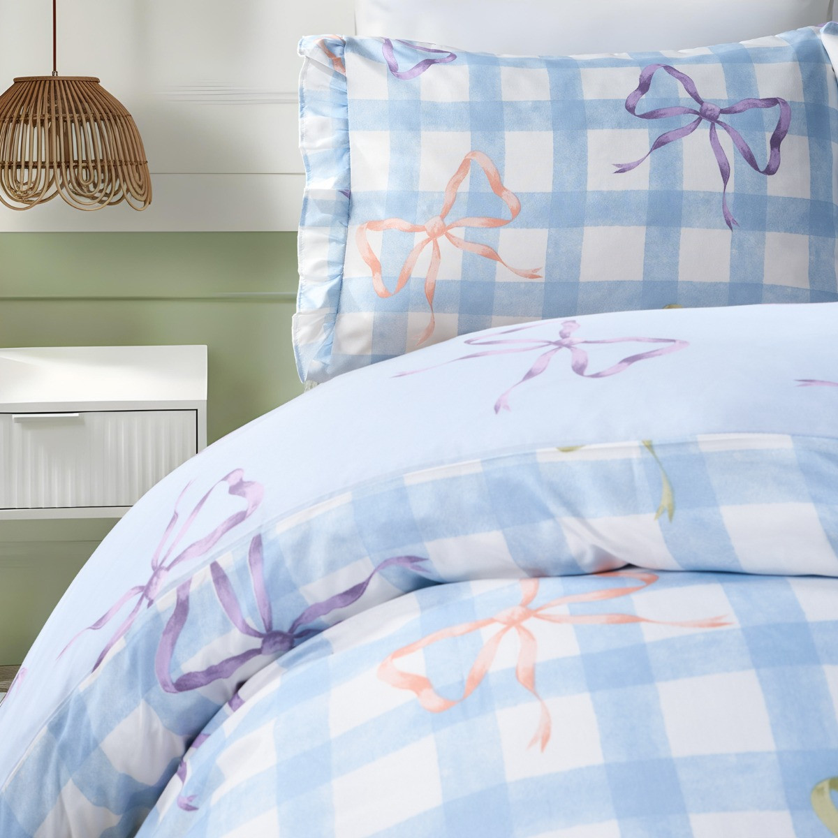 OHS Bow Print Gingham Duvet Cover & Frill Edge Pillowcase Set - Blue/White>