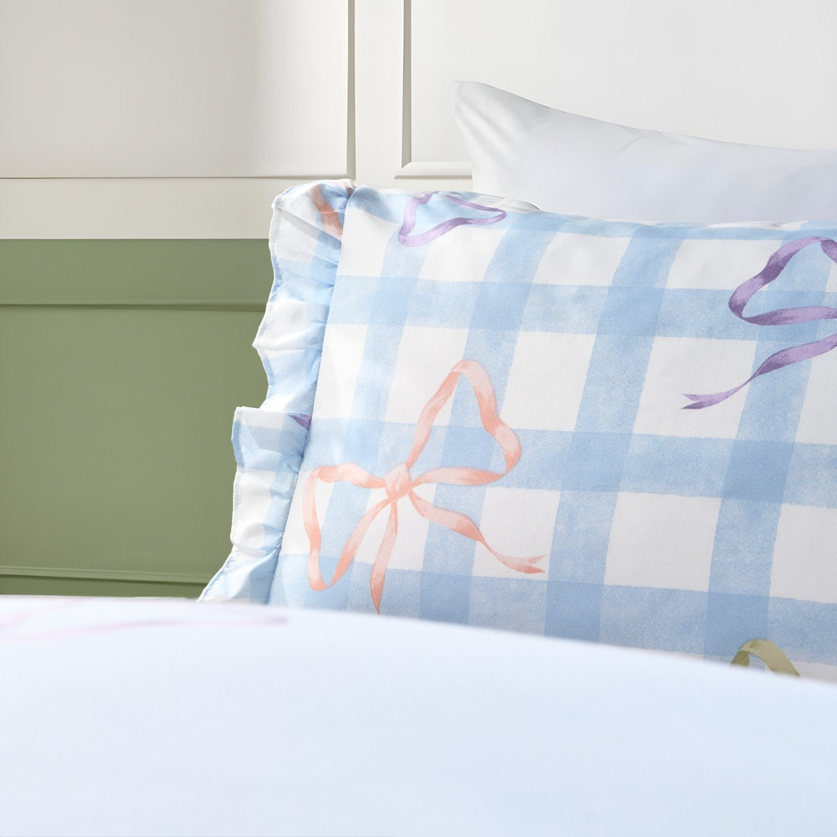 OHS Bow Print Gingham Duvet Cover & Frill Edge Pillowcase Set, Blue/White - Single>