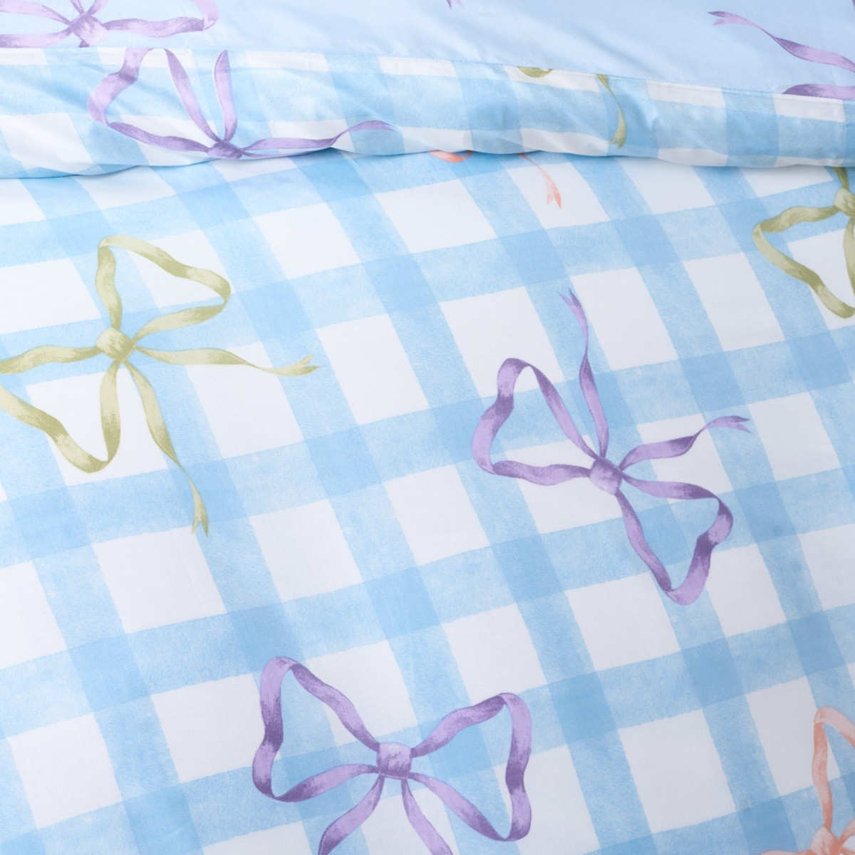 OHS Bow Print Gingham Duvet Cover & Frill Edge Pillowcase Set - Blue/White>