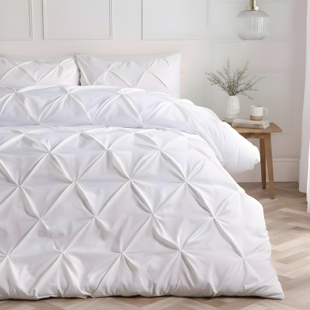 OHS Diamond Pintuck Pinch Pleat Duvet Cover Set, White - King>