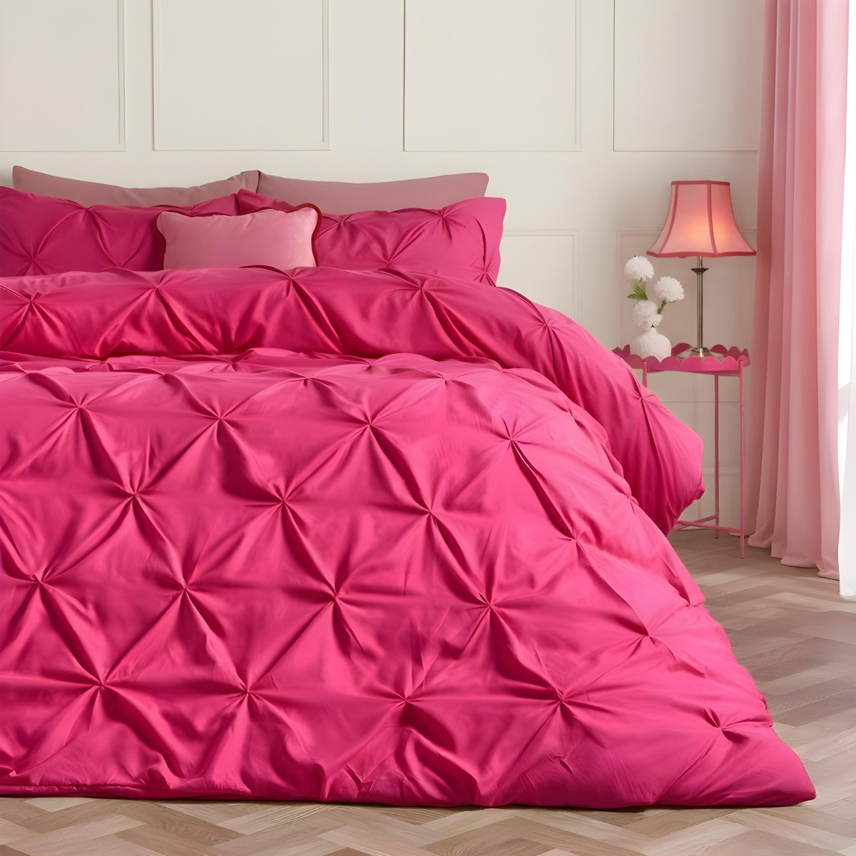 OHS Diamond Pintuck Pinch Pleat Duvet Set, Hot Pink - Super King>
