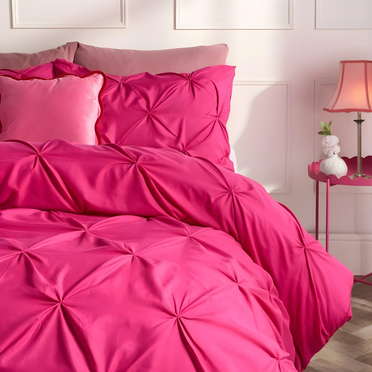 OHS Diamond Pintuck Pinch Pleat Duvet Set, Hot Pink - Super King>