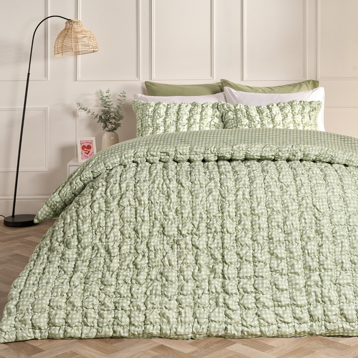 OHS Quilted Seersucker Gingham Duvet Cover Set - Sage>