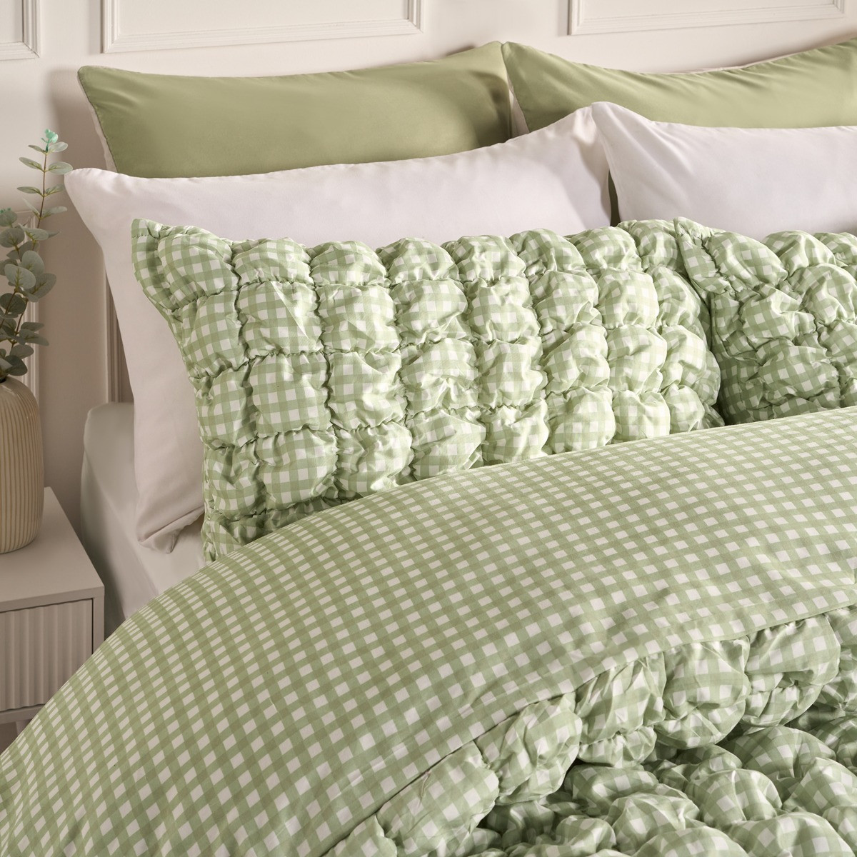 OHS Quilted Seersucker Gingham Duvet Cover Set - Sage>
