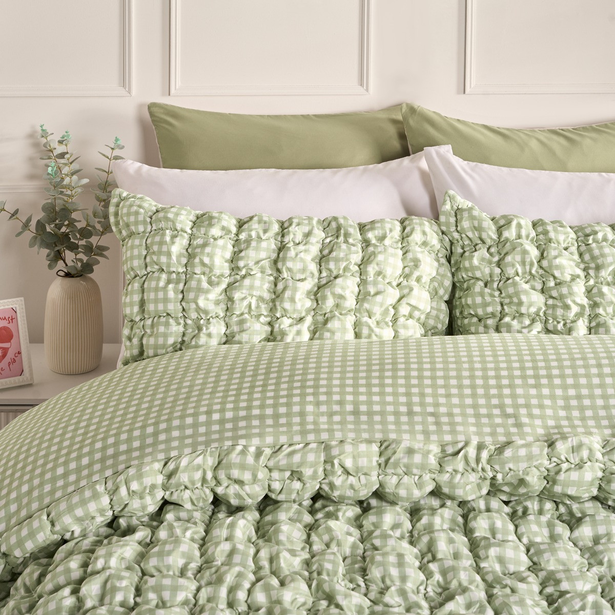 OHS Quilted Seersucker Gingham Duvet Cover Set - Sage>