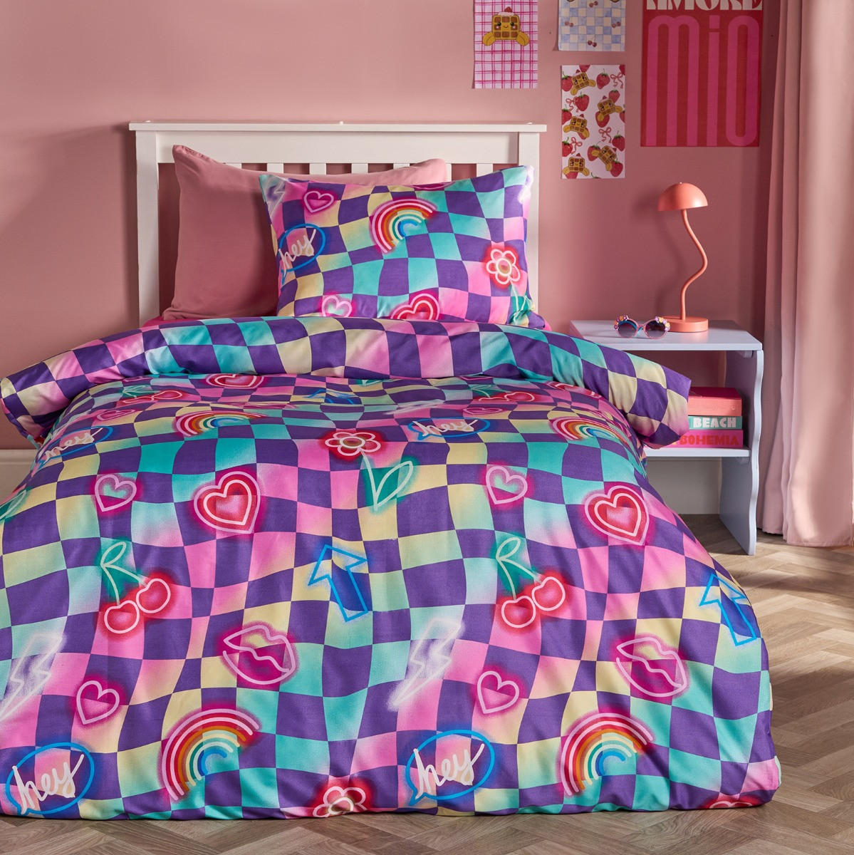 OHS Neon Checkerboard Duvet Cover Set, Multi - Single>
