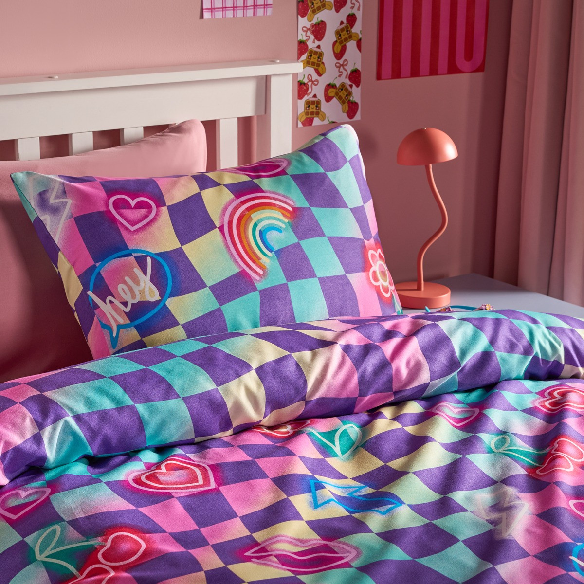 OHS Neon Checkerboard Duvet Cover Set, Multi - Double>