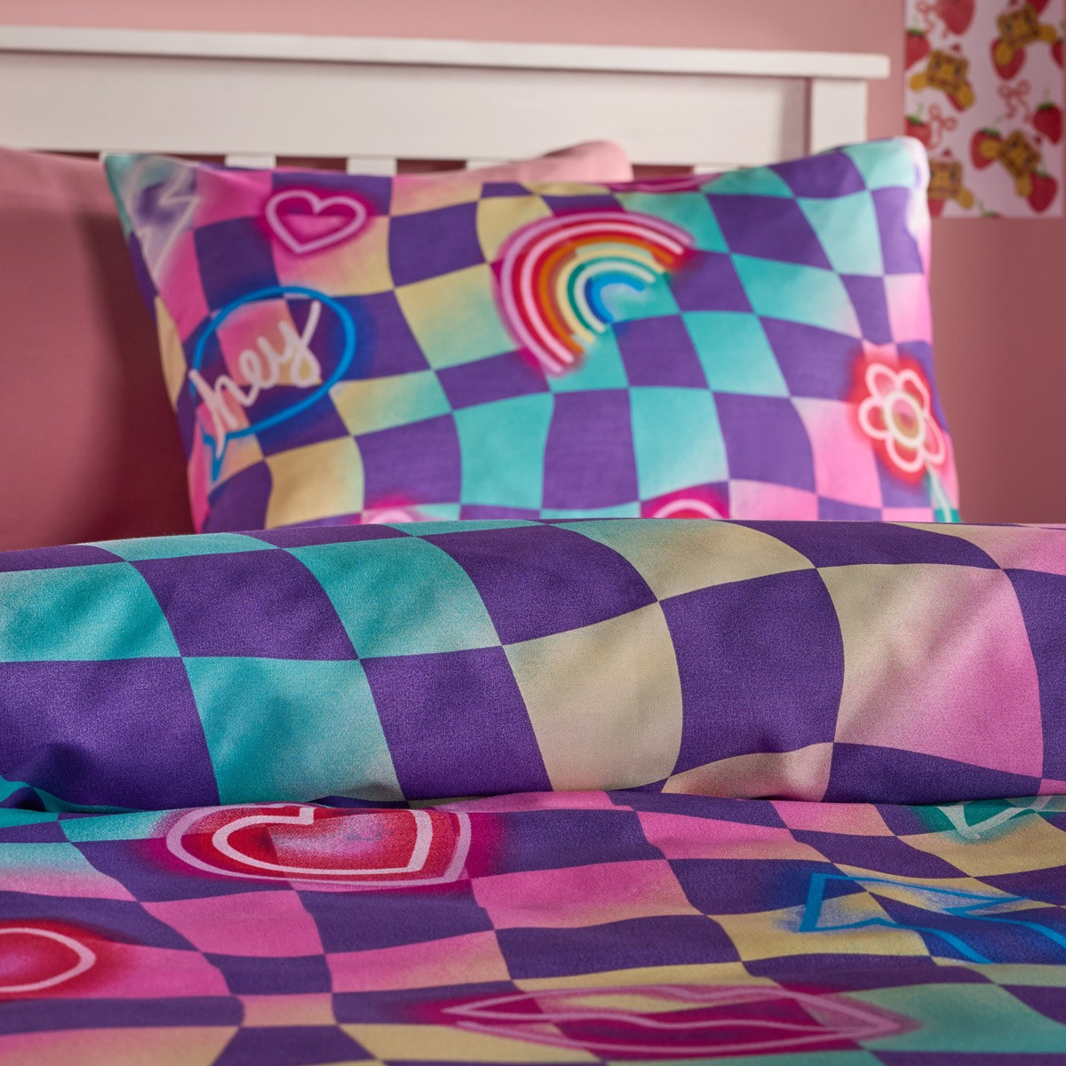 OHS Neon Checkerboard Duvet Cover Set, Multi - Double>