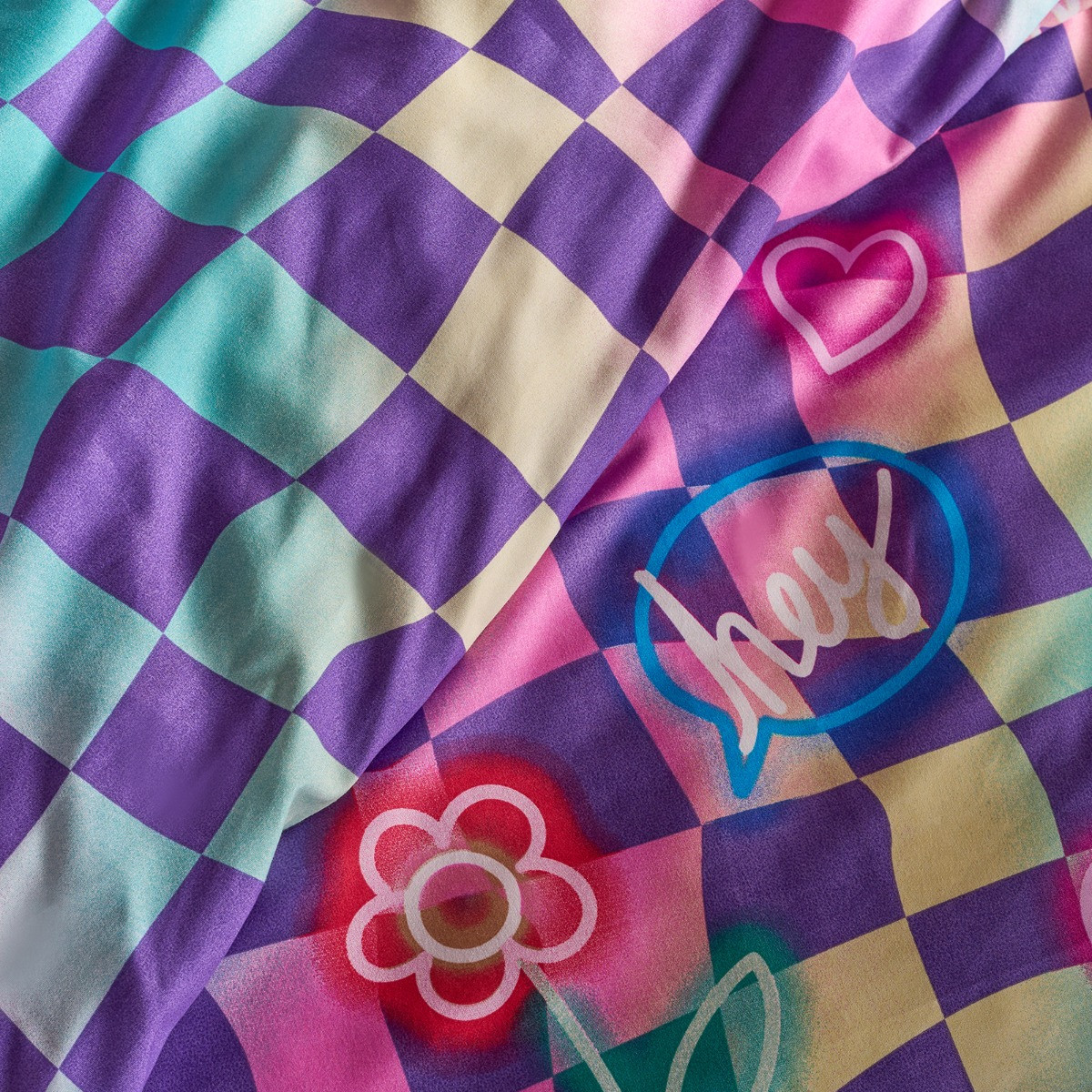OHS Neon Checkerboard Duvet Cover Set, Multi - Double>